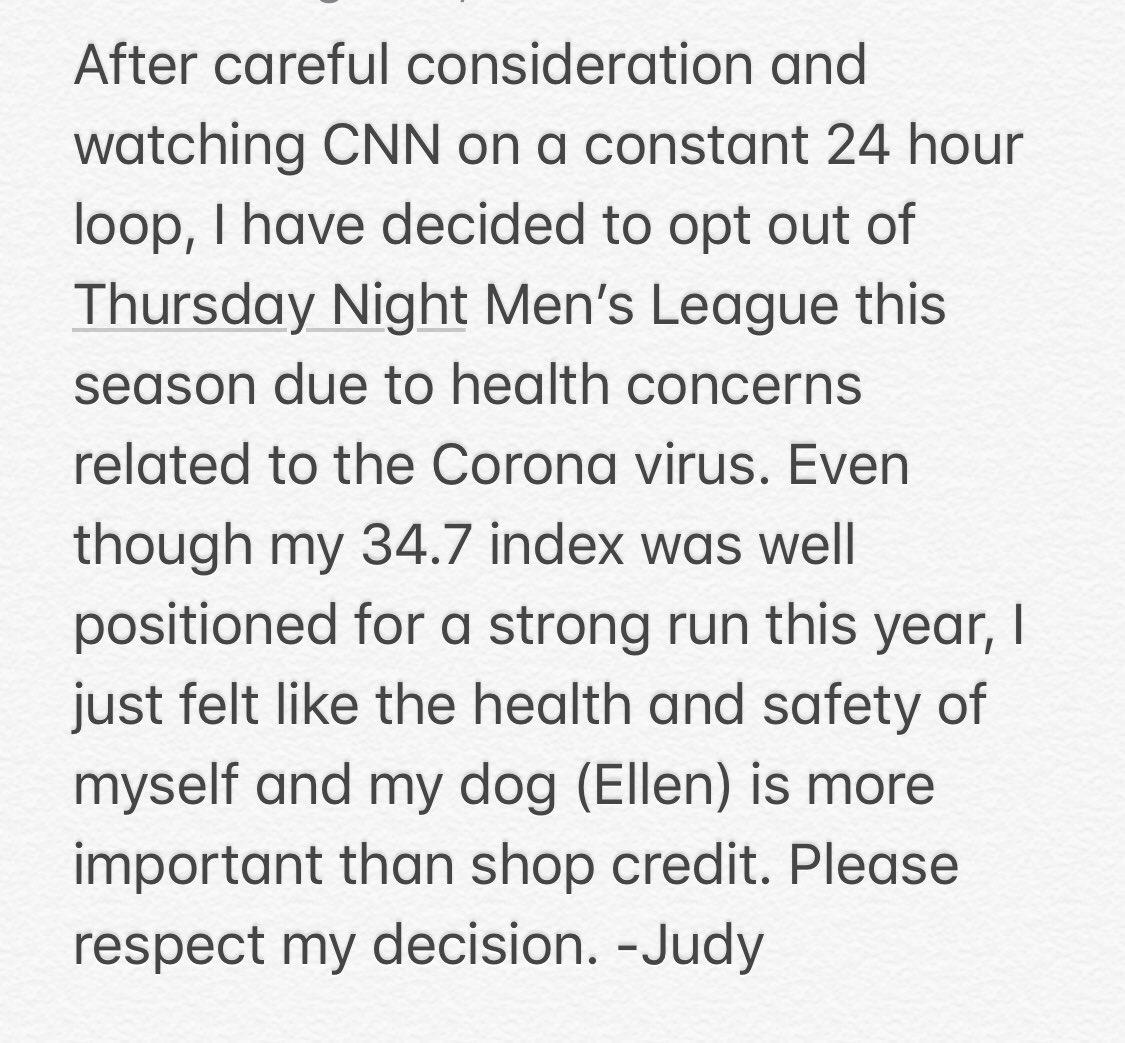 Aaaand the first domino falls. Judy Beckett just opted out of Thursday Night Men’s League. Her statement below. #TNML