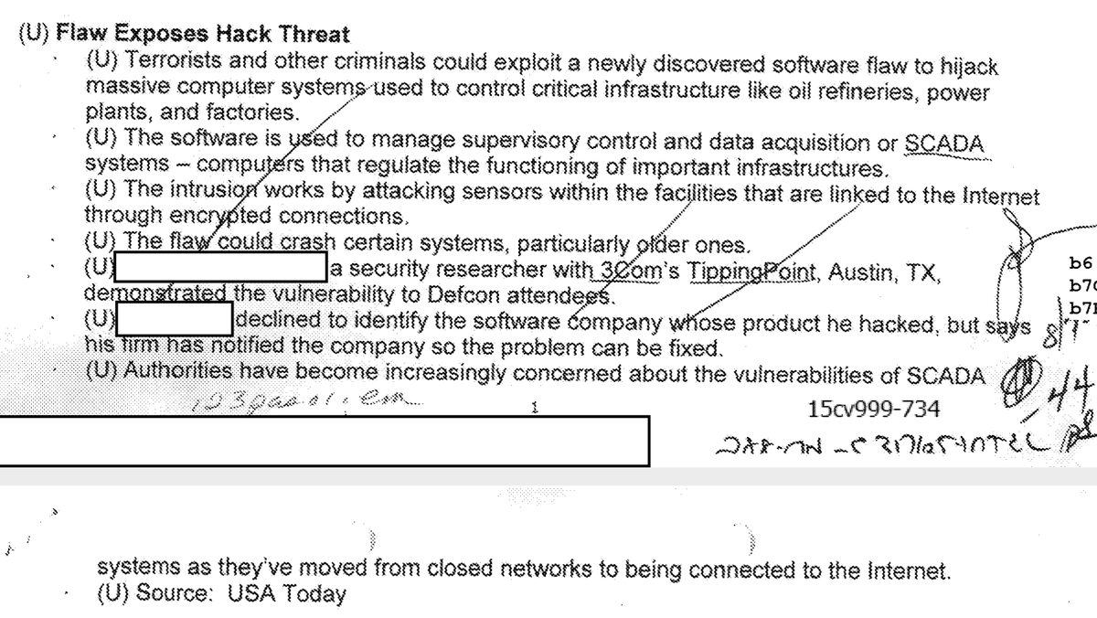 Of particular interest to  @DragosInc is the FBI interest in ICS vulnerabilities present in this file from 1997 after a vulnerability was shown  @defcon