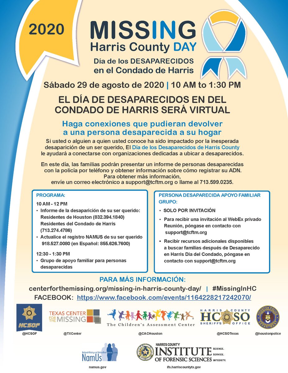6th Annual #MissingInHC Day is going VIRTUAL on August 29th from 10 AM - 1:30 PM  @TheCACHouston <a href="/TXCenter/">TX Center 4 Missing</a> https:/www.facebook.com/events/1164228217242070/  #HouNews <a href="/HCSOTexas/">HCSOTexas</a> <a href="/HcsofInfo/">HCSOF</a> <a href="/houstonpolice/">Houston Police</a> <a href="/mihcd/">MI</a>