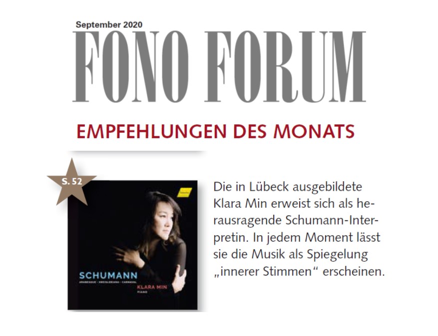 SchimmerPR's tweet photo. EMPFEHLUNG DES MONATS: Das #Schumann-Album der Pianistin @klaramin - "eine der reichsten und schönsten (auch klangschönsten) Schumann-Deutungen seit langem." "viel Spontanität und Fantasie bis in die kleinste Note" #FonoForum September-Ausgabe 2020 #IngoHarden #HänsslerClassic https://t.co/zp7059Hg1j