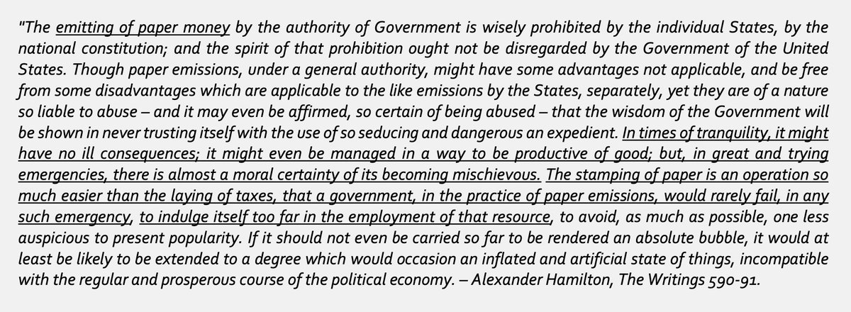 15/ Our Founding Fathers Warned of ThisHere’s Alexander Hamilton speaking to the House in Congress on why currency must never be printed. It feels like he’s writing this today.