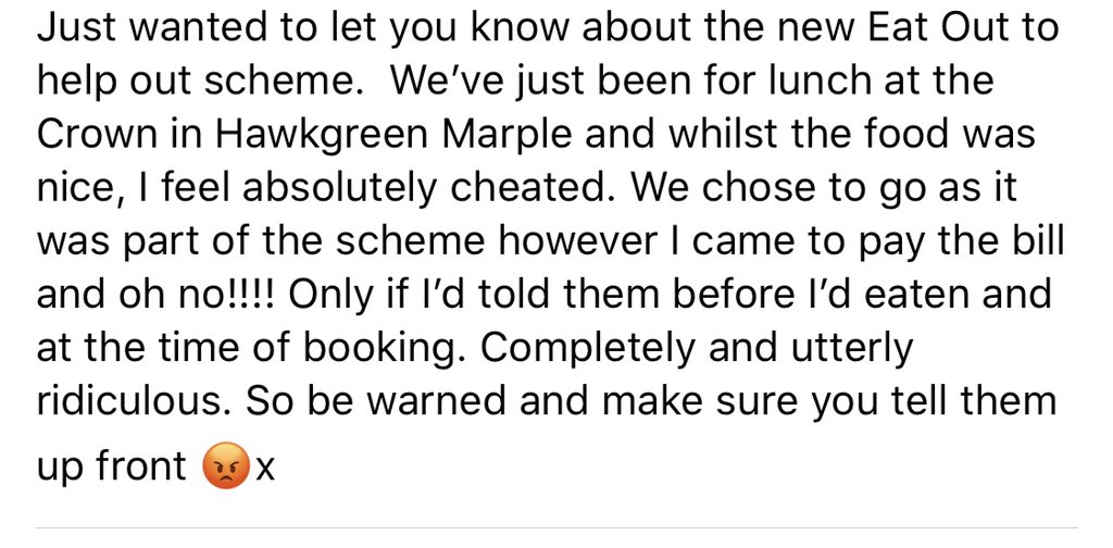 Sarah_EA4's tweet photo. My Auntie has just been to @TheCrownMarple and was refused the #eatouttohelpout scheme as they didn’t quote when booking. 🙄 https://t.co/gYLk6K4jrG
