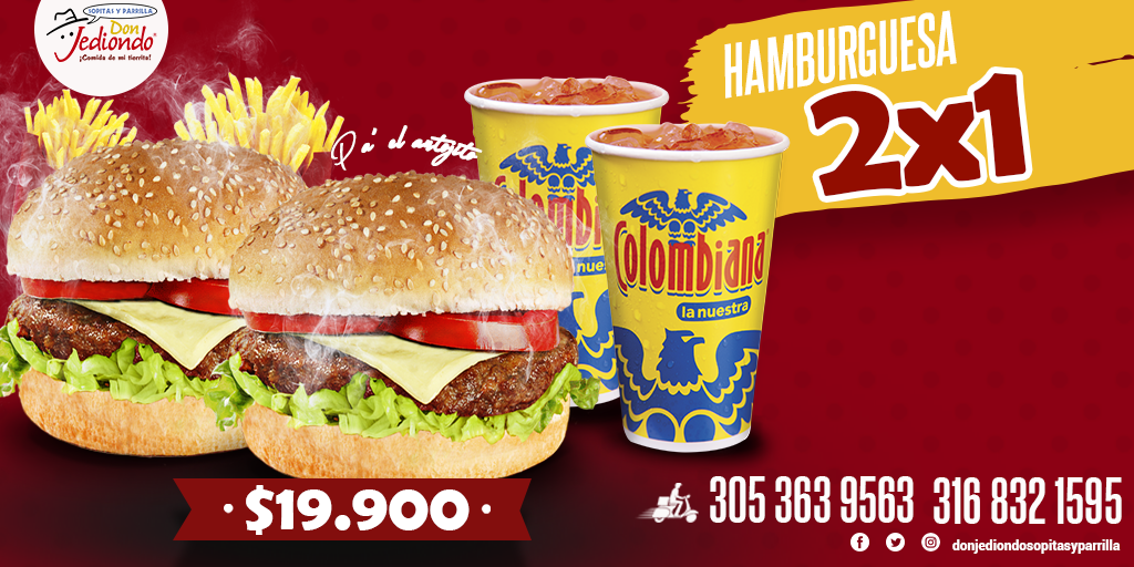 donjediondos's tweet photo. Pa' que iniciemos la semana disjrutando al doble!!!😱😋
Pide nuestra promo de hamburguesa de la Tía Teresa acompañada de papitas y gaseosa🍟🍔
Domicilios a nuestra central de domicilio
☎️305 3639563 - 3142 888888 - 316 8321595 https://t.co/DHM5u7D3xf