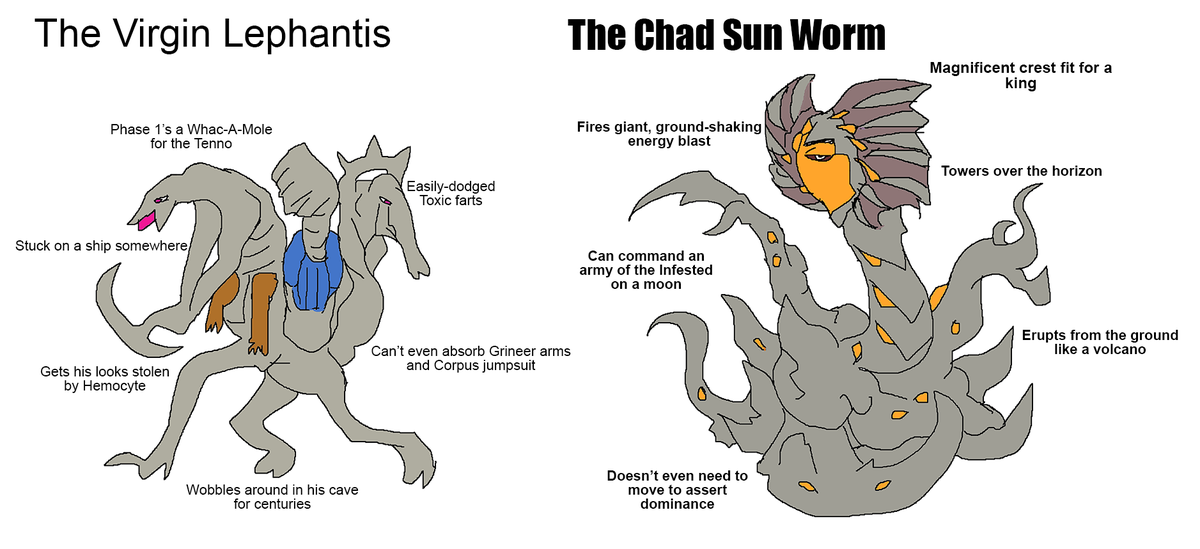 Dante6th's tweet photo. The Virgin Lephantis vs The Chad Sun Worm (Fass)
#Warframe #Warframeme #Lephantis #Fass #Infested #NidusPlz #VirginvsChad https://t.co/odct2RgQH6