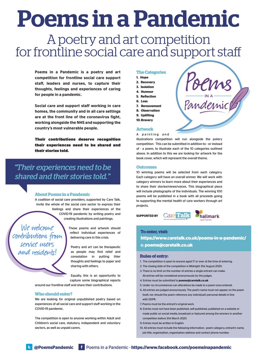 The closing date for our poetry and art competition for frontline care staff is Midnight 31st August 2020 💜🖊️🎨

Thank you <a href="/HallmarkCare/">Hallmark Luxury Care Homes</a> for supporting us 👏

caretalk.co.uk/poems-in-a-pan… 

#PoemsInAPandemic #ThankYouSocialCare