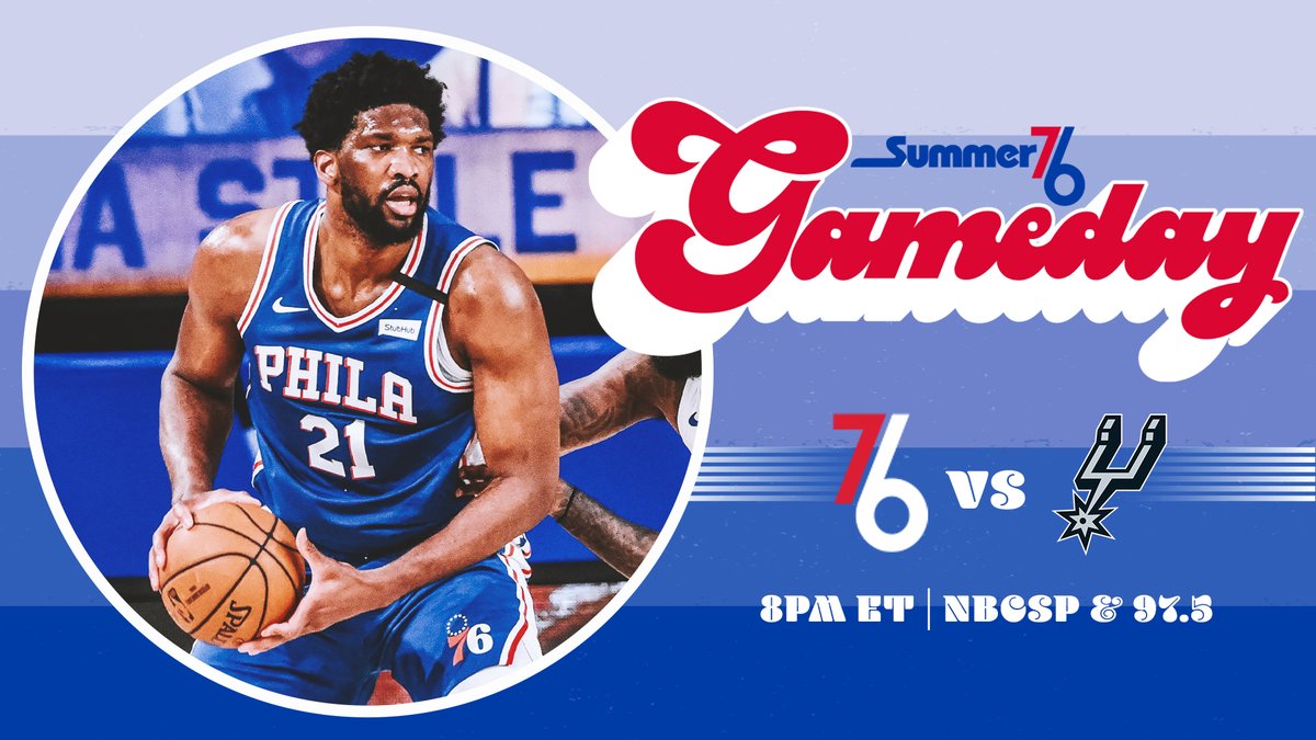 sixers's tweet photo. Back at it.

🆚 @spurs
📺 @NBCSPhilly
🕗 8:00pm ET
🖥️ https://t.co/2RDxjORcHZ
📱 https://t.co/rBzty6ya0r
📻 @975TheFanatic / @tunein
💰 https://t.co/0Z17zPrHXt

#Summer76 https://t.co/XWn2qFsCZE