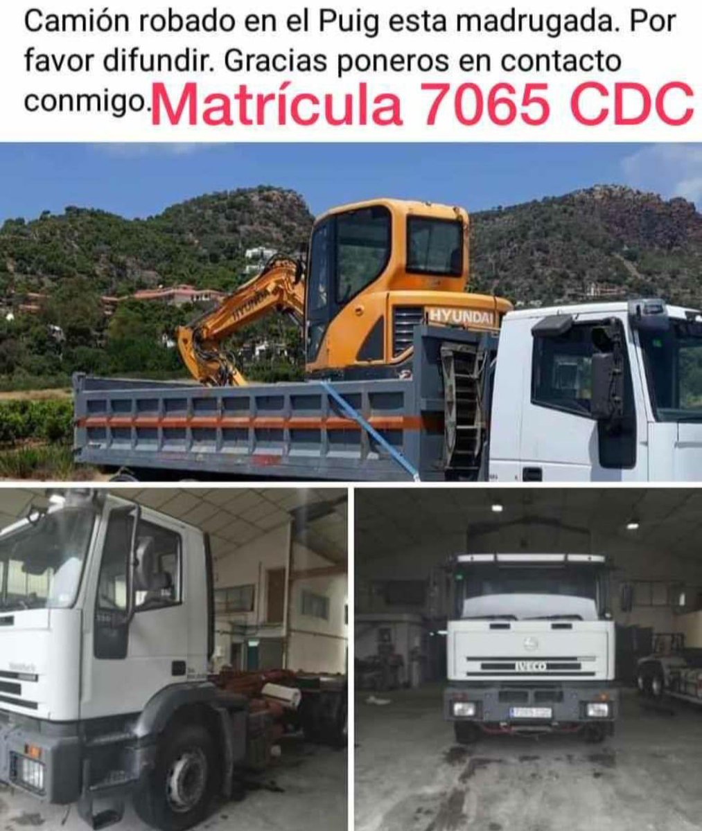 Ruego difusión, por favor. Camión robado esta noche en El Puig (Valencia). Es de un buen amigo que lo utiliza para trabajar y llenar la nevera de su familia cada mes. 
A ver si Twitter hace su magia...