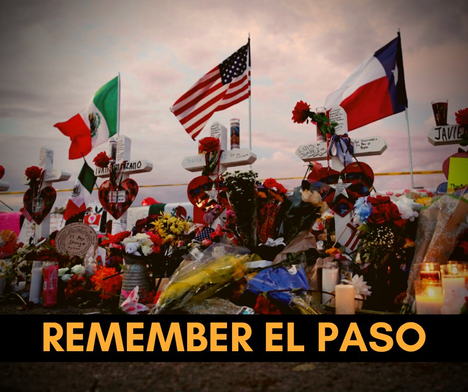 HispanicCaucus's tweet photo. One year ago today, the El Paso shooting was not only an attack on the Latino community, but an assault on our entire American family.

We must honor the 23 people killed and 22 wounded by reaffirming our efforts to disarm hate and heal our nation with love. #ElPasoStrong https://t.co/4UbvKuFMbB