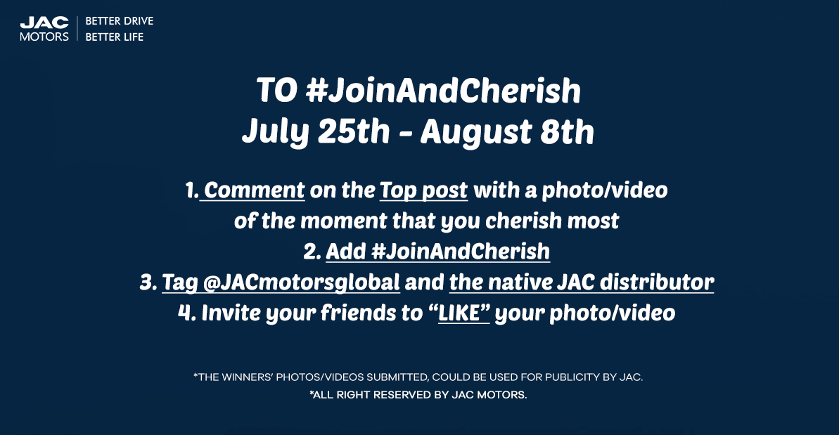 jacmotorsglobal's tweet photo. Are you ready? Bunch of prizes are waiting for you! Don't hesitate to join us!
#JoinAndCherish and @jacmotorsglobal 
Tips: It's more likely to win the prize if the photo or video:
1) Including an element of JAC.
2) With the most unique creativity &amp; touching content https://t.co/CeVszHtUd8