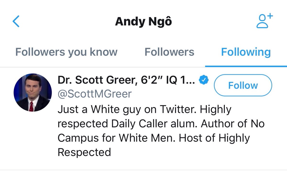 Andy follows white nationalist cartoon stonetoss (Andy got in trouble in April for making a stonetoss image his background on here), white nationalist Scott Greer, fascist group Patriot Prayer, & “Millennial” Matt Colligan Alt right member who was at Unite the Right in 2017