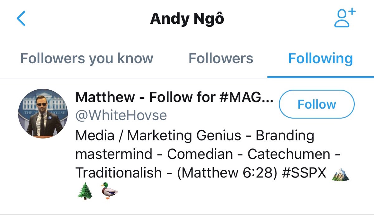 Andy follows white nationalist cartoon stonetoss (Andy got in trouble in April for making a stonetoss image his background on here), white nationalist Scott Greer, fascist group Patriot Prayer, & “Millennial” Matt Colligan Alt right member who was at Unite the Right in 2017