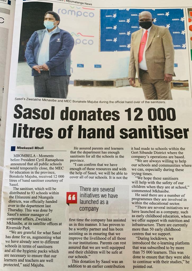 concerningmj's tweet photo. Shout out to my @SasolSA  Satellite Operations colleagues for donating thousands of liters of hand sanitiser to various schools, municipalities, and for those on the front-line. Visit https://t.co/3IykGA7UiS to learn more #SasolinSociety https://t.co/9YhTzfrZY7