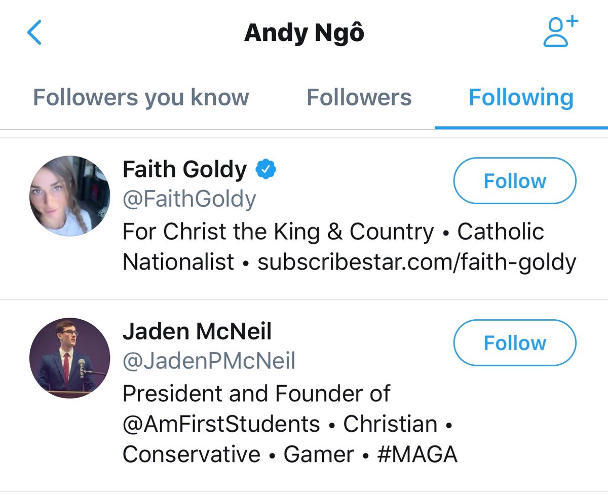 Andy also follows Groyper/white nationalist leaders Nick Fuentes and Jaden McNeil. Michelle Malkin, who is associated with the white nationalist Groypers, started a gofundme for Andy’s fake brain injury that raised $250,000. Andy also follows white nationalist Faith Goldy.