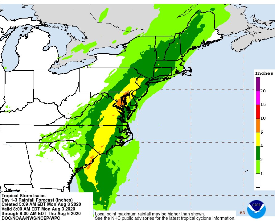 There is a moderate risk of flash flooding across portions of the eastern Carolinas and Mid-Atlantic states from #Isaias during the next several days, based on rainfall forecasts from @NWSWPC. nhc.noaa.gov/refresh/graphi…