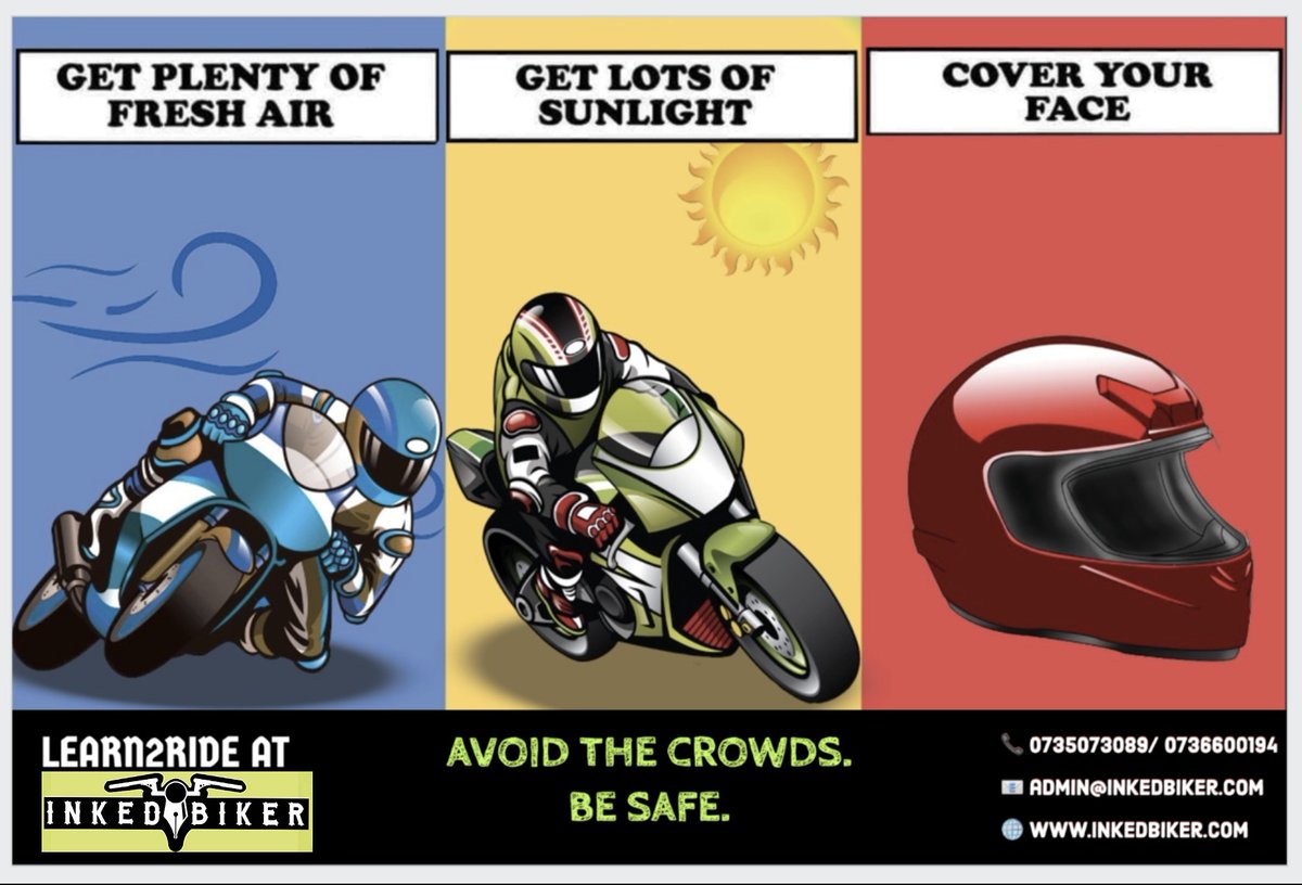 ink2bikes's tweet photo. Rona is real!!!!!
Be safe, avoid crowds, covers your face and gets loads of sunshine. Sign up 4 1on1 classes, just You, the Bike and the Instructor.
Call or WhatsApp us on 0736600194 / 0735073089 to sign up.
#Learn2Ride
#avoidcrowdedplaces
#RonaIsReal
#InkedBiker
#1on1classes https://t.co/gbCTeidSaQ