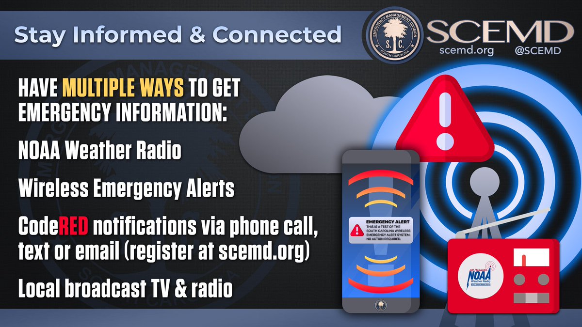 Have multiple ways to get local emergency warnings. Some options include Wireless Emergency Alerts, NOAA Weather Radio &amp; CodeRED Notifications. Keep cell phones fully charged in case of power outages: scemd.org/news/expect-tr… #scwx #Isaias #sctweets