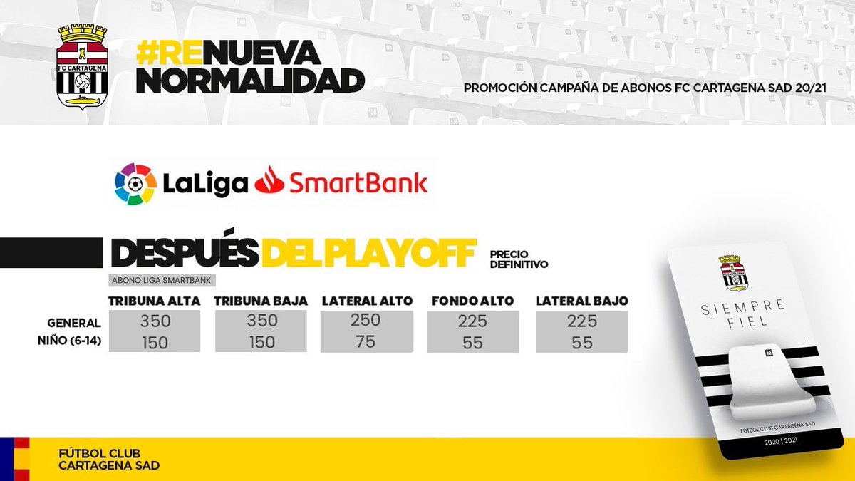 FCCartagena_efs's tweet photo. ⚪️⚫️¡La Campaña de Abonos para la temporada 20/21 sigue en marcha! #ReNuevaNormalidad 

➡️ La reserva de asientos de los abonados de la 19/20 finaliza este viernes, 7 de agosto #SomosDeSegunda 

💻 Venta #online ✅ 
https://t.co/S6W9PjnGGl https://t.co/APnczJgczX
