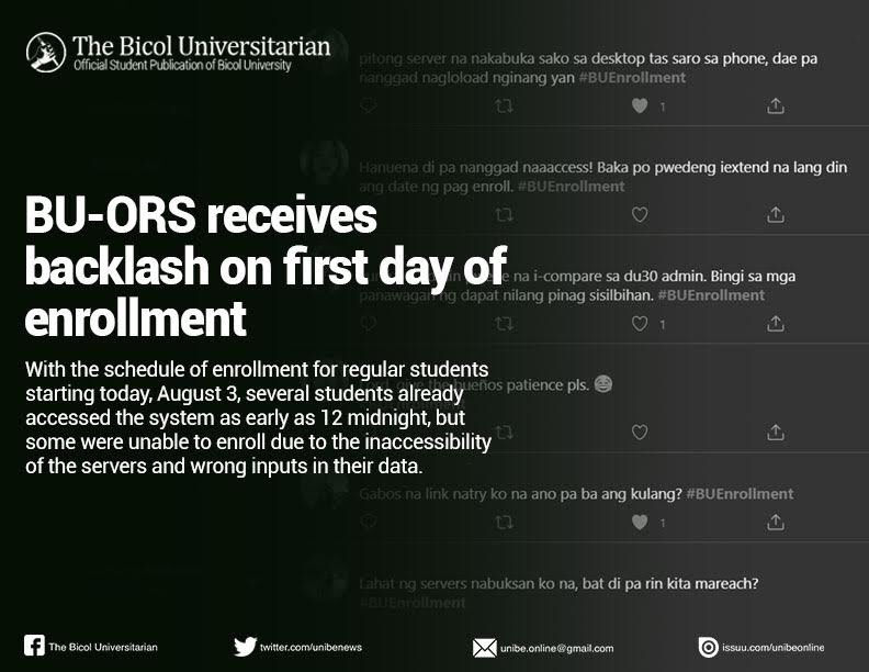 Some students of Bicol University expressed their dissent from the recurring technical failures of the BU Online Registration System (BU-ORS), as they enroll for the incoming academic year.

#BUEnrollment 

Read more: bit.ly/33rhe1P