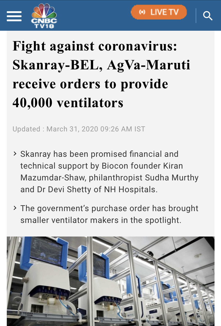 Let's start with the basics first. On 24th Mar, 2020, the Modi govt banned the export of all types of ventilators owing to a massive shortage in India. Then, on 31st March, Govt of India placed an order for 40,000 ventilators from BEL-Skanray (30,000) & AgVa (10,000)(1/13)