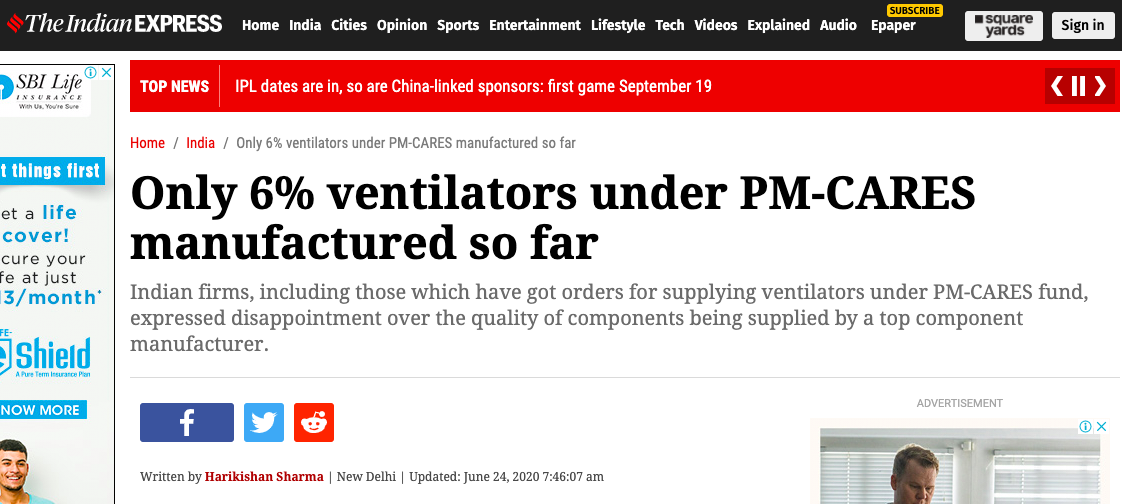 As of June-end, 50,000 PM CARES ventilators had NOT been delivered.Similarly, 40,000 Govt of India ordered ventilators had ALSO NOT been delivered.Actually, ONLY 6% of these ventilators had been manufactured until June. ONLY 6%. Between March to June.(7/13)