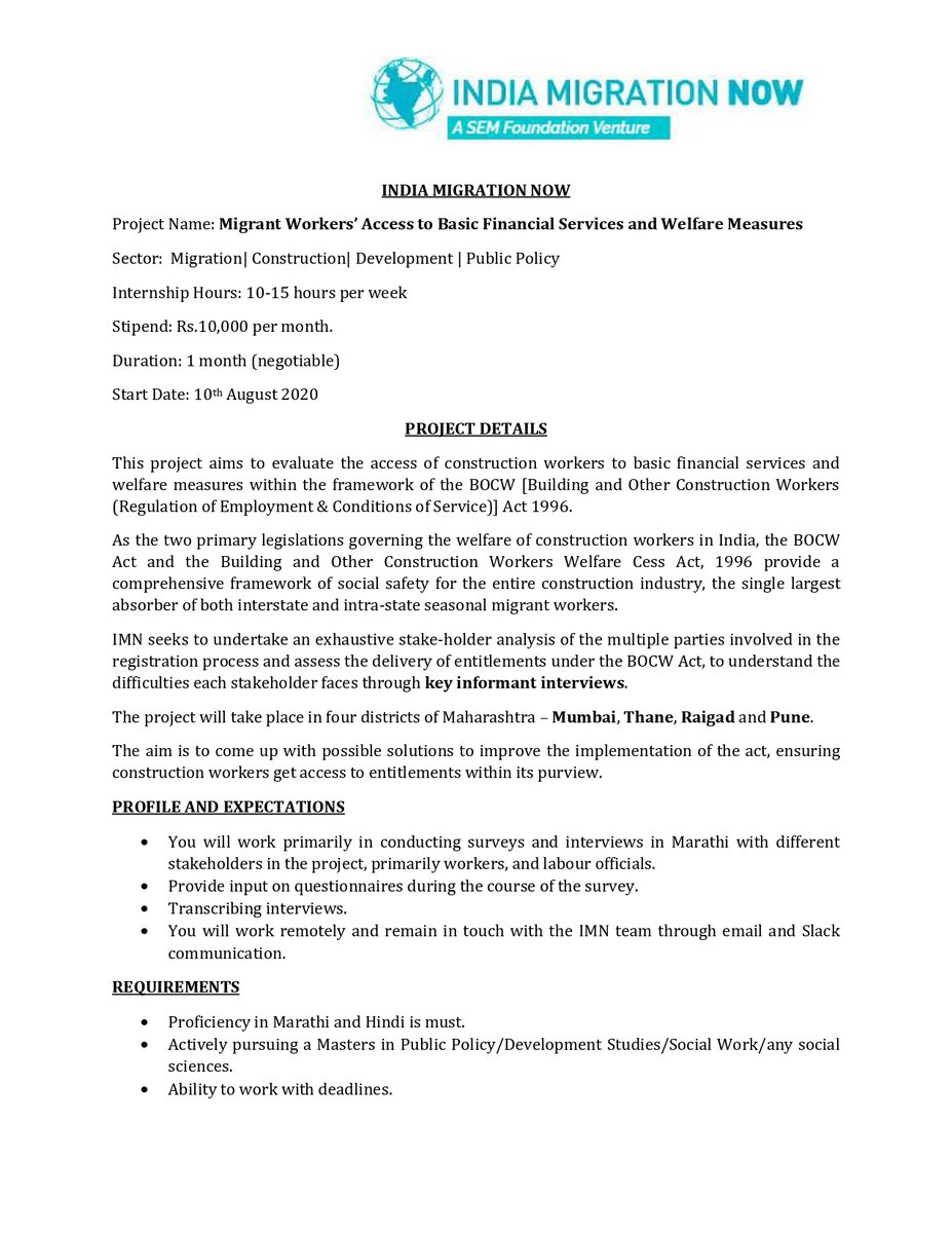 NowMigration's tweet photo. #internshipOpening | India Migration Now (IMN) is looking for an intern for its project "Migrant Workersโ Access to Basic Financial Services and Welfare Measures". Details, eligibility, and process to apply are in the JD attached. Please spread the word https://t.co/dJ2gdIP98w