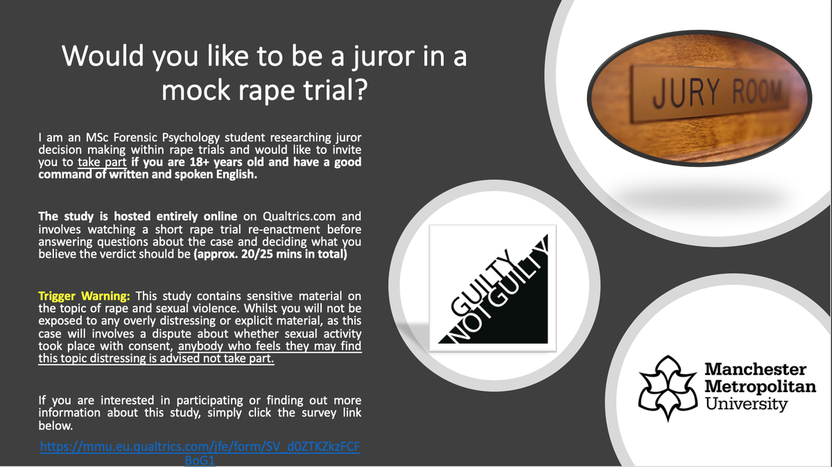 aaronvvright's tweet photo. I still need participants for my mock jury study. If you have 20 minutes to spare please help me by filling out the questionnaire at this link: https://t.co/gPOQApKaZd
All help is appreciated!
#psychology #forensic #jurordecisionmaking #justice
#mmupsychology https://t.co/f5JrDXHPap