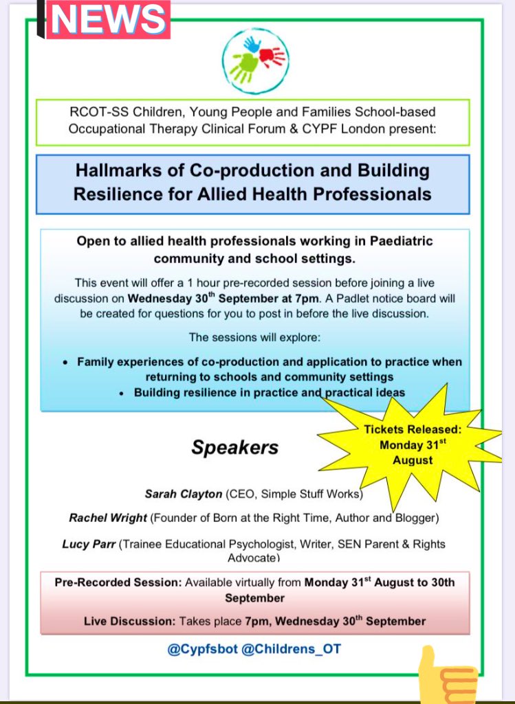 Join <a href="/CypfSbot/">CYPFsbot</a> &amp; <a href="/Childrens_OT/">CYPF London</a> for a virtual session on co-production &amp; building resilience for AHPs. Pre-recorded lecture available to watch from 31st Aug and live discussion on 30th Sept. Please share with your colleagues - suitable for all AHPs! Tickets coming soon.