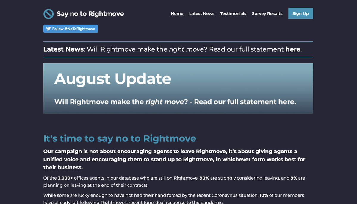 NoToRightmove's tweet photo. Will Rightmove make the right move? Read our full statement today at: https://t.co/7CW7smrnzc

#SayNoToRightmove #UKProperty #EstateAgentsUK #EstateAgents #UKPropertyMarket https://t.co/bvyRpDca7k