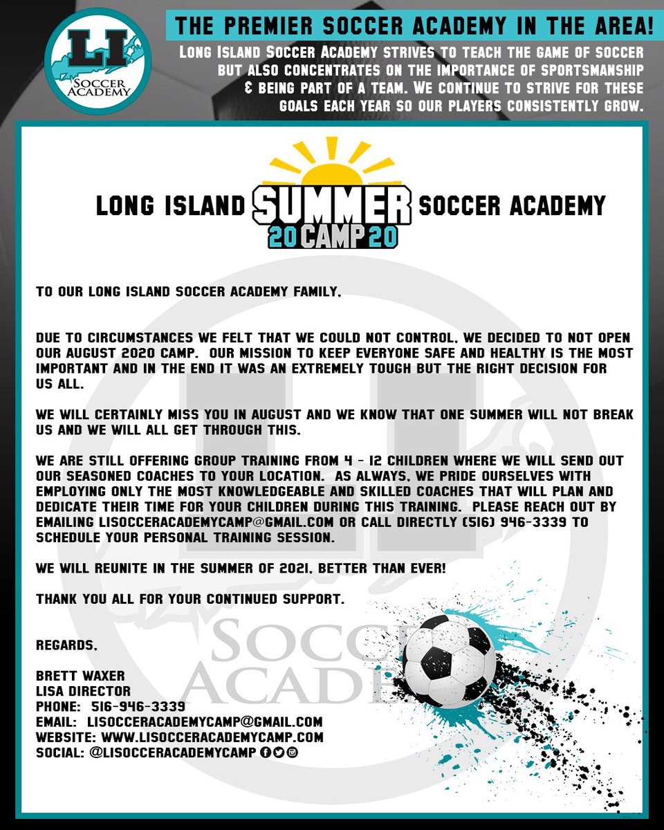 LISOCCERACADEMY's tweet photo. ☀️ 🚨 SUMMER 2020 CAMP UPDATE... We will Reunite in the Summer of 2021, better than ever!!! Thank you for your support. Stay safe and we hope to see you all soon. 
_
#lisocceradacemycamp #lisoccer #longisland #soccer #camp https://t.co/ZA7RqwlxXI