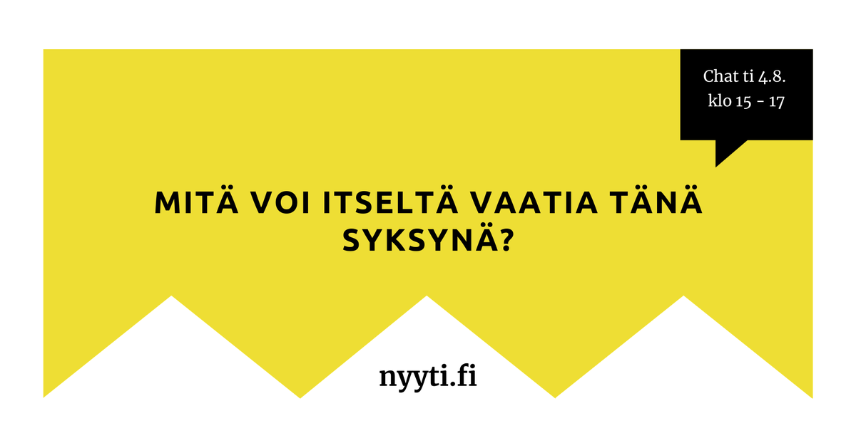 nyyti_ry's tweet photo. Tiistaina 4.8.#Nyyti’n #chat’ssa on aiheena #vaativuus. #opiskelija, tuu juttelemaan: Mistä voi tunnistaa liiallisen vaatimustason ja miten tulevan syksyn voisi ottaa vastaan? Chat klo 15 – 17 >> https://t.co/kofMf8r1Gd #uupuminen #jaksaminen https://t.co/KT69Tci5H6
