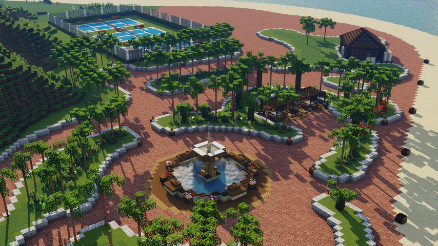 Mamo على تويتر Minecraft建築コミュ リゾート ビーチ裏に休憩場所 噴水 テニスコートを作りました 夏ですね