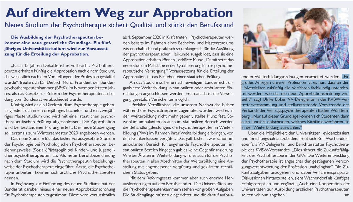 RNuebling's tweet photo. Guter Beitrag zum neuen Studium #psychotherapie im aktuellen ERGO, Magazin der @kvbw_info. Die Hervorhebung ist von mir: das wird - hoffentlich - ein Kernpunkt für die Curricula an den (VT-dominierten) Unis...  https://t.co/sKvsKmuzfG https://t.co/XvGP45JrTn