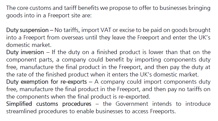 And indeed, when the UK published it's Global Tariff it actually made a big think about this - that it was reducing differentials and driving down tariffs....and yet in the  @hmtreasury Freeports consultation document...look what it says are the key benefits? /7
