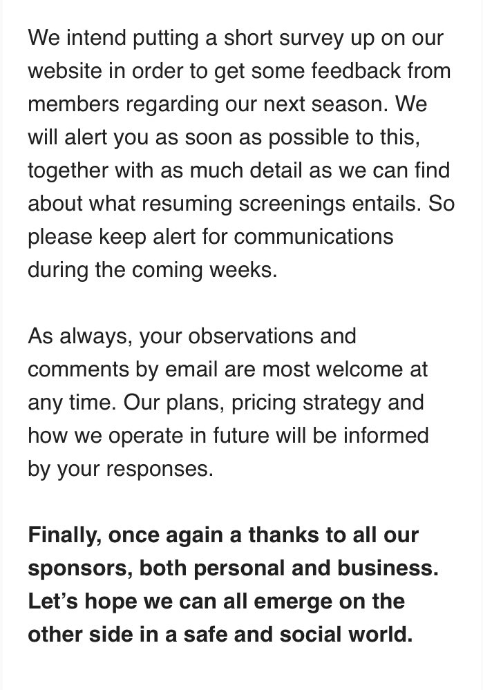 Our August email is out &amp; nothings really changed, but we hope you are all doing ok. 

As always please get in touch with your thoughts, it will help us out in the coming months &amp; also it’s lovely to hear from you all.

❤️📽🎟