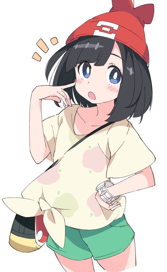 selene (pokemon) 1girl bright pupils solo hat white pupils green shorts beanie  illustration images