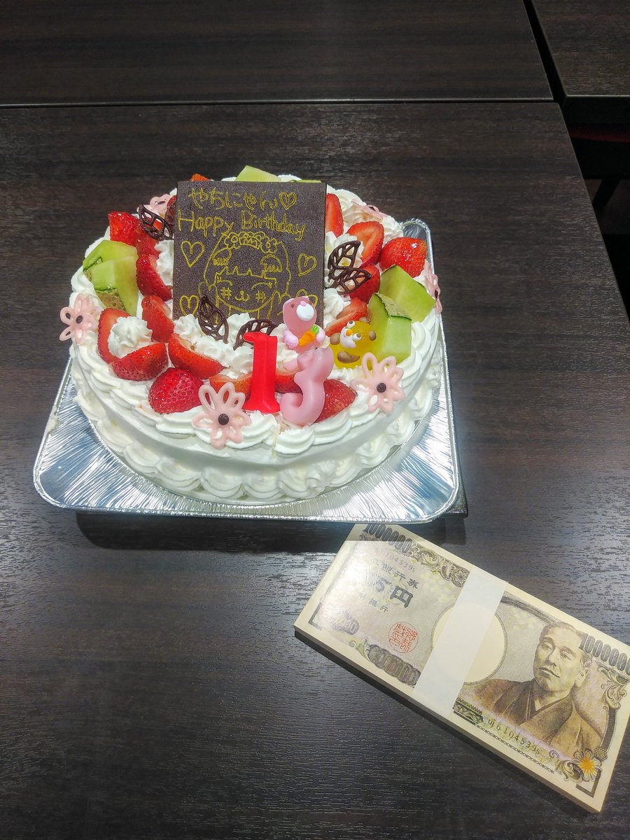dondokoオヤジ ケーキと札束 やっちへのプレゼント 参加者へのプレゼントはてんこ盛り やちにゃんお誕生日会 やちにゃん ビバッチェくん ゆるキャラ 滋賀県彦根市本町 四番町スクエア 四番町ダイニング バースデーケーキ
