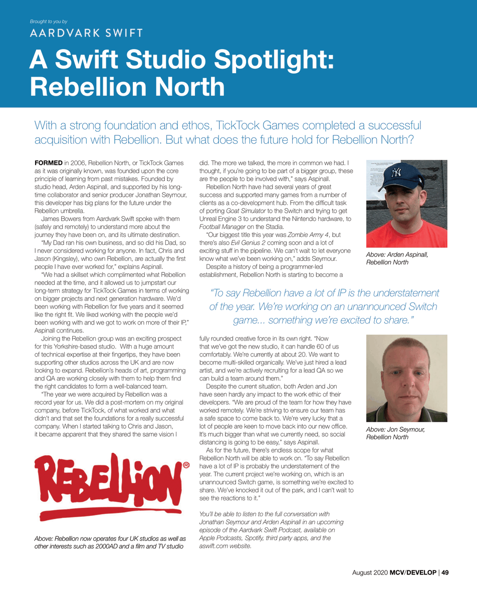 AardvarkSwift's tweet photo. We spoke to Arden Aspinall and Jon Seymour of @Rebellion North (previously @ticktockgames) about their studio history and growth plans in the latest issue of @MCV_DEVELOP! 

Read here (pg. 49) - https://t.co/y8H9tDpc6J

#gamedev #videogames https://t.co/zzDlRRTx4b