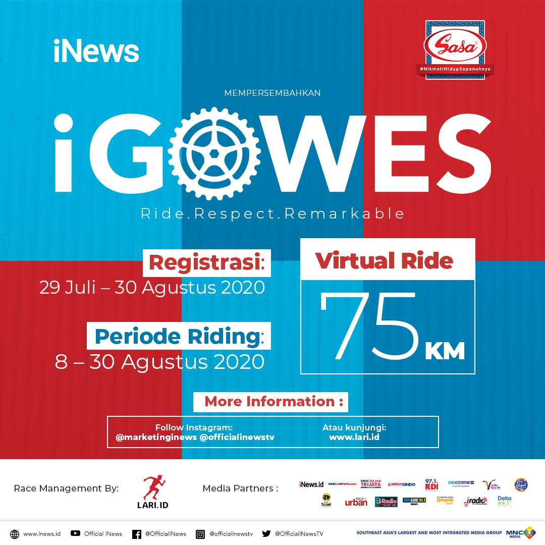 SeputariNews's tweet photo. Menyambut “HUT KEMERDEKAAN RI” ke-75, iNews mengajak pecinta sepeda untuk mengikuti event iGowes Virtual Ride, multiple ride 75K. #nikmatihidupsepenuhnya
Info lebih lanjut kunjungi https://t.co/h3CVgBERfY
#igowesxsasa #igowes2020 #igowes75k #lariid #inews #gowesvirtual https://t.co/mkliRhzrct