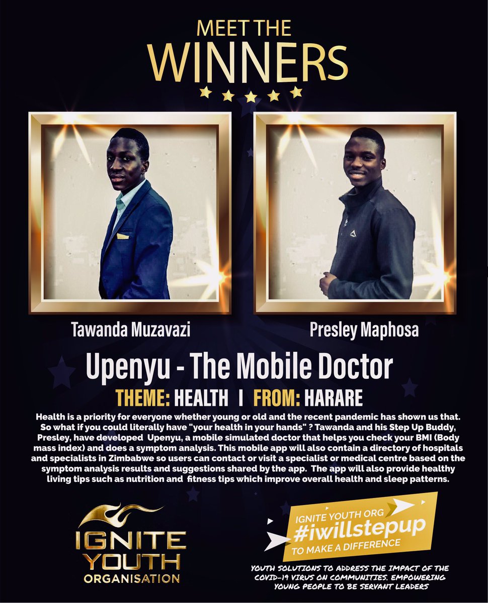 IgniteYouthOrg's tweet photo. #Health is a priority for everyone whether young or old &amp; the recent pandemic has shown us that. So what if you could literally have "your health in your hands" ? Tawanda &amp; his #StepUpBuddy, Presley, have developed Upenyu, a mobile simulated doctor. #MeetTheWinners #Iwillstepup https://t.co/Aw7So8Hc0t