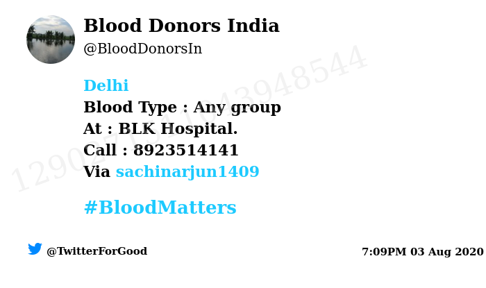 BloodDonorsIn's tweet photo. #Delhi
Need #Blood Type :  Any group
At : BLK Hospital. 
Blood Component : Blood
Number of Units : 25
Primary Number : 8923514141
Secondary Number : 9997385140
Patient : Jitendra sharma
Illness : Liver transplant
Via: @sachinarjun1409
#BloodMatters
Powered by Twitter https://t.co/Uq4SEmkQKV