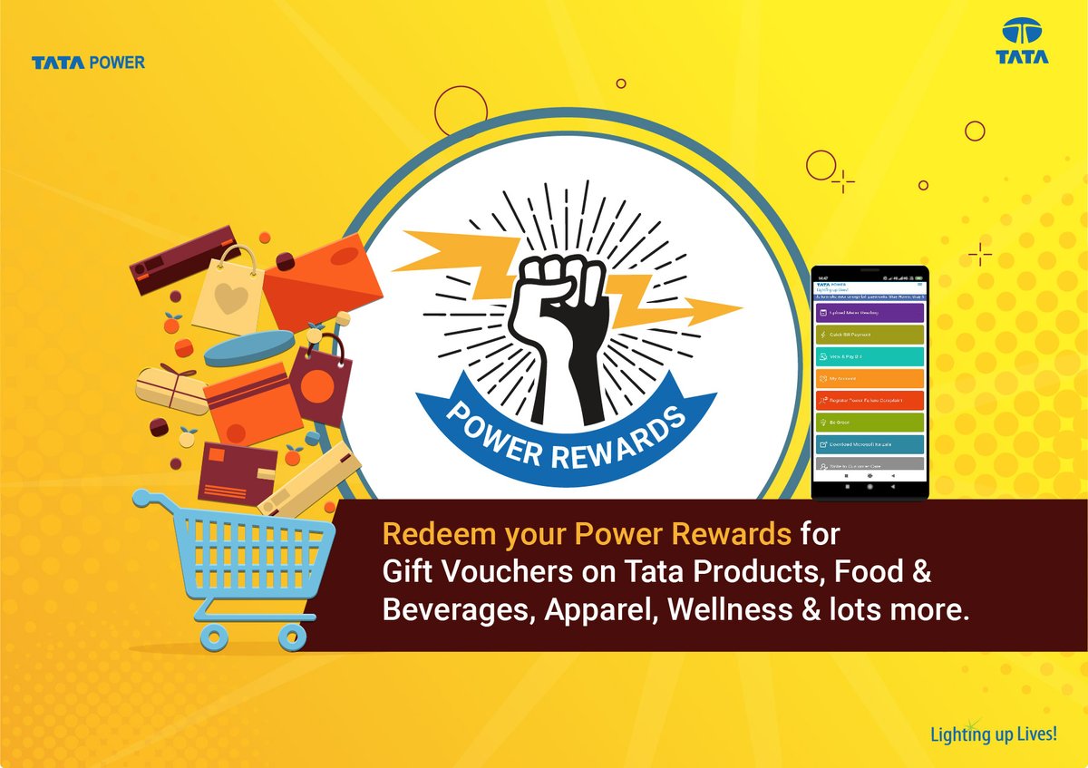 TataPower's tweet photo. Gear up for #PowerRewards for our Mumbai consumers! Exciting gift vouchers on Tata products, food &amp; beverages, apparel, wellness and lots more. Redeem today! #ThisIsTataPower #GoDigi #DigitalPayment https://t.co/lDgFjSrtNM