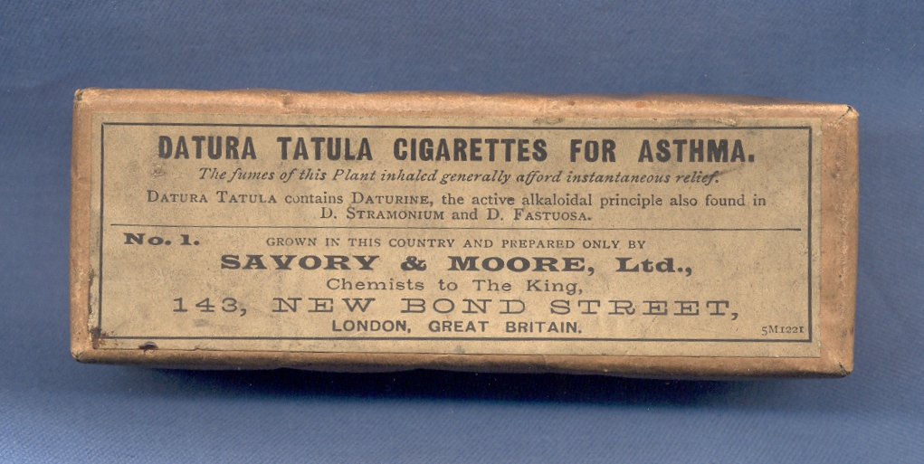stramonium cigarettes Datura Tatula (Jimson Weed) cigarettes were introduced by Savory and Moore  in the 1870's as a remedy for respiratory conditions and were sold until  1931. The placket claims: 'The fumes of this