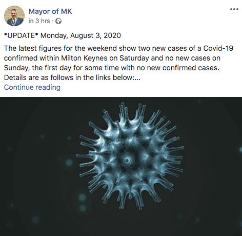 mayor_mk's tweet photo. *UPDATE* Monday, Aug 3, 2020
The latest news for #MiltonKeynes and neighbouring areas. Includes graphs and info on the Covid-19 situation, Eat Out to Help Out scheme and more. More info here: https://t.co/fs6q7M8s32
#MKMayor https://t.co/tR3TN2ZITu