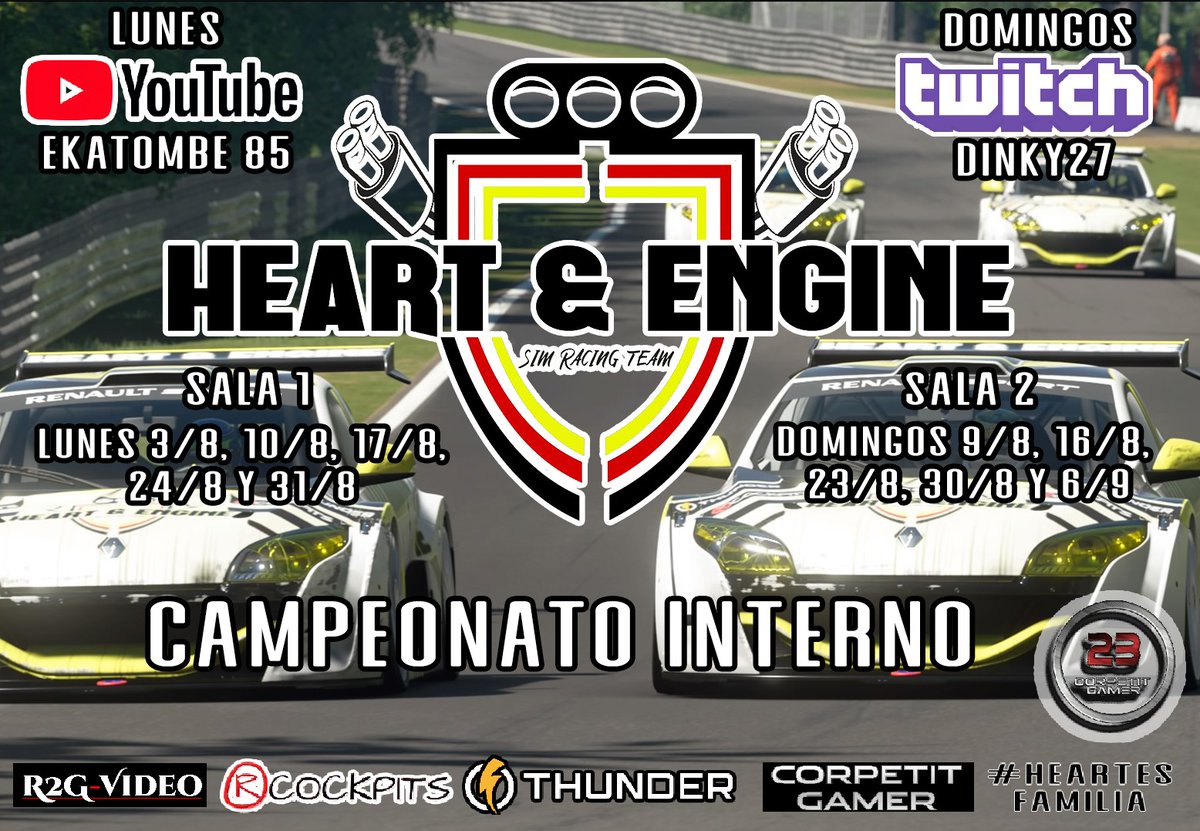 Ya lo tenemos aquí!!!!
Hoy empezamos el campeonato interno!!!!

Todos los Heart's a tope para este eventazo!!!

Empezamos hoy en el canal de <a href="/CardenosoDaniel/">ekatombe85</a>
Go Go Go 💪💪💪

<a href="/RCOCKPITS_Sim/">RCOCKPITS</a> <a href="/Thunder_Clothes/">Thunder Clothing</a>
@r2gvideo
<a href="/Corpetit23/">PST_Corpe</a>