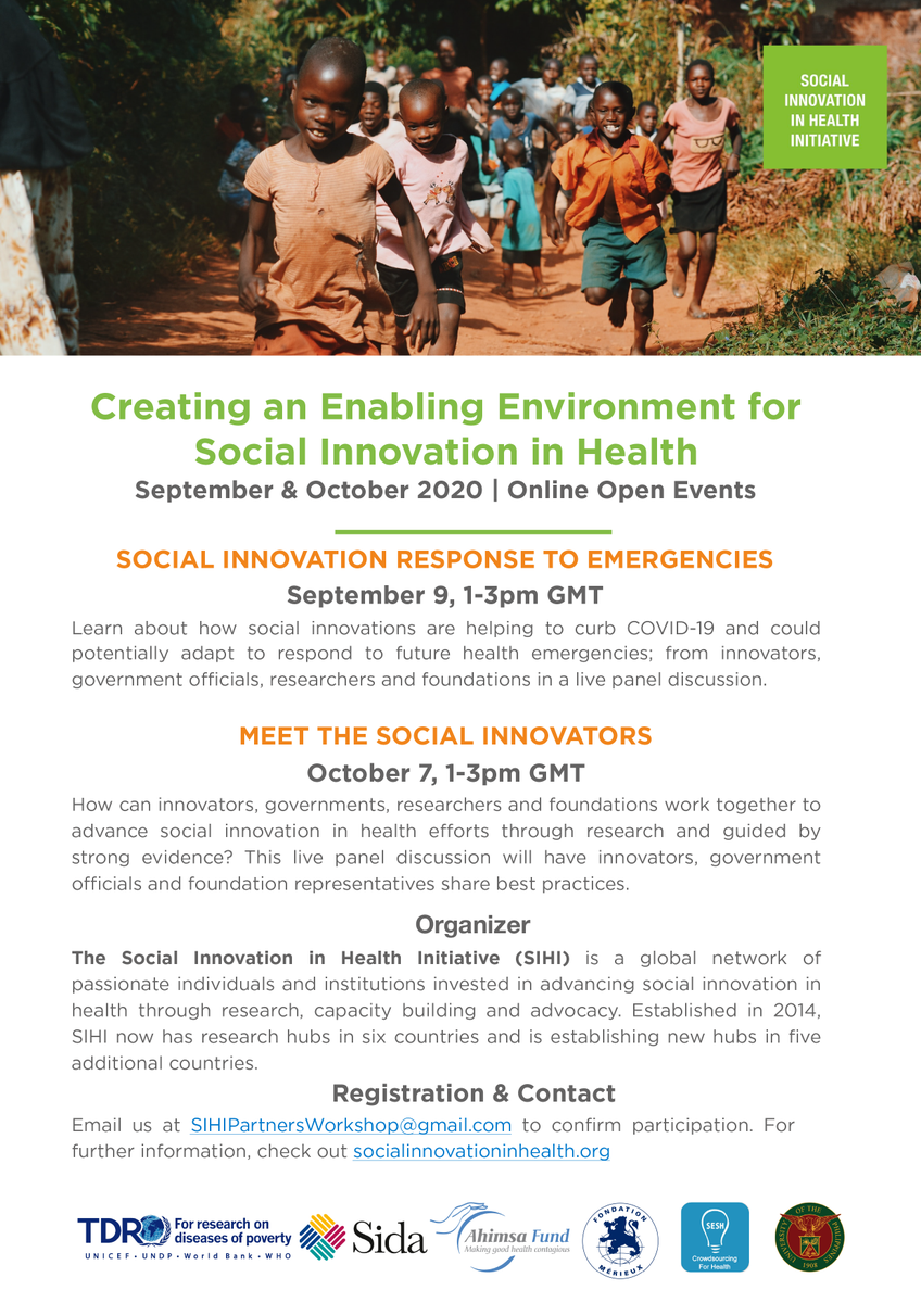 SIHIglobal's tweet photo. SAVE THE DATES!
We're delighted to announce 2 upcoming online open events β "Social Innovation Response to Emergencies" (September 9, 1 p.m. GMT) & "Meet the Social innovators" (October 7, 1 p.m. GMT).
#InnovateForHealth #CollaborateForHealth #SocialInnovation https://t.co/Rbaxay8oVP