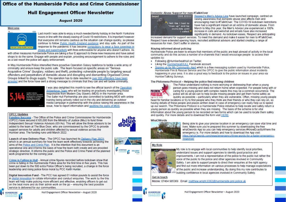 matt_8362's tweet image. See the link to my August Hull Engagement Officer Newsletter: humberside-pcc.gov.uk/Document-Libra…

Includes: @HumbersidePCC news, tackling modern slavery, #TalkItOver DA support for men, #PhilomenaProtocol to help missing children, #What3Words &amp;amp; more. 

Please read &amp;amp; Retweet it.