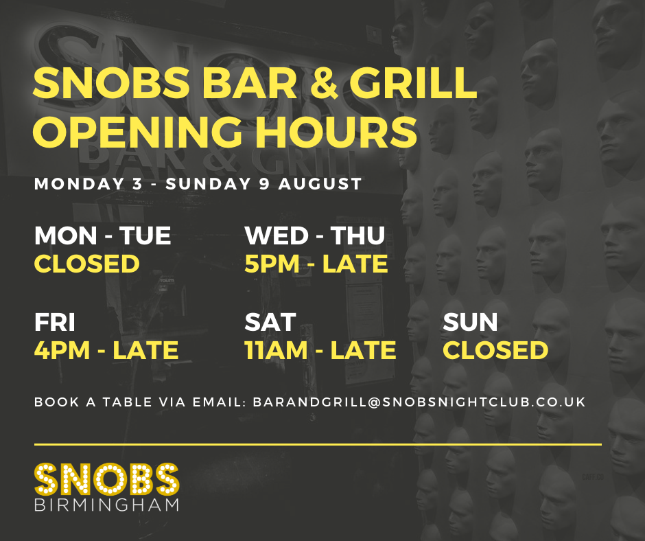 snobsnightclub's tweet photo. 🕰️ Opening Hours 🕰️

Here's when Snobs Bar &amp; Grill is open this week – we'll have all the big #EuropaLeague and #ChampionsLeague games live on our screens from Wednesday onwards ⚽️ 

Reserve a table on barandgrill@snobsnightclub.co.uk 📧 https://t.co/BDSo4hZual