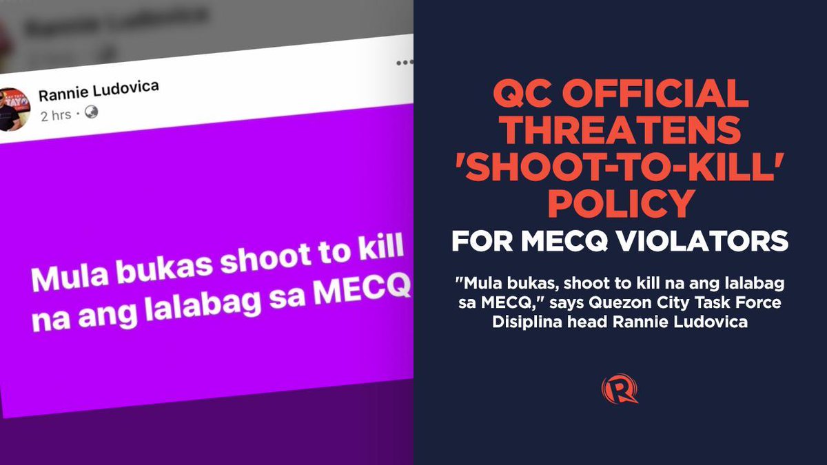 rapplerdotcom's tweet image. A Quezon City official threatened violators of the upcoming modified enhanced community quarantine (MECQ) with a "shoot-to-kill" policy.

READ: rappler.com/nation/quezon-…