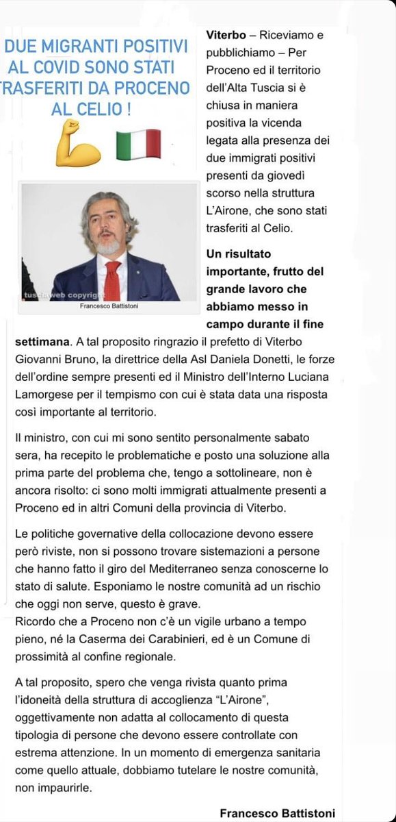 frabattistoni's tweet photo. La gestione dei #migranti va rivista perché espone le nostre #comunità a dei seri rischi.
I due positivi che erano a #Proceno sono stati trasferiti al Celio,ma l’attenzione resta sempre alta!
La salute pubblica va garantita prima di ogni altra cosa.
@GruppoFISenato @forza_italia https://t.co/3BfOsfUvsL