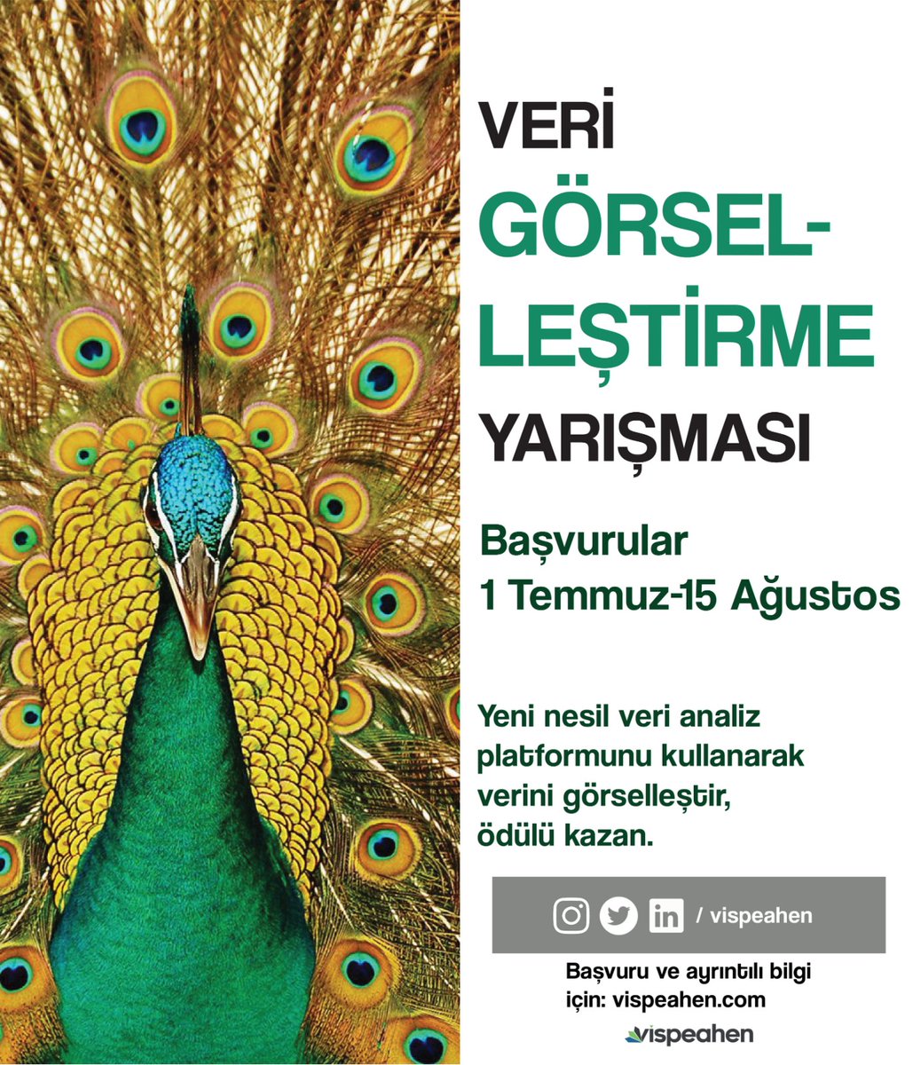 #Vispeahen Veri Görselleştirme Yarışması Ödülleri:
Birinci 4.000 TL
İkinci 2.000 TL
Üçüncü 1.000 TL
Başvuru İçin: lnkd.in/di35jSe